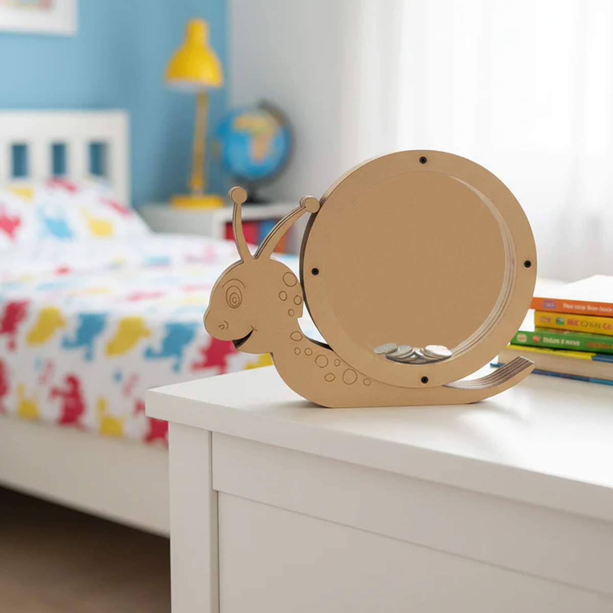 DIY MDF snail-shaped Money Bank on a dresser in a child's room with colorful bedding and books.
