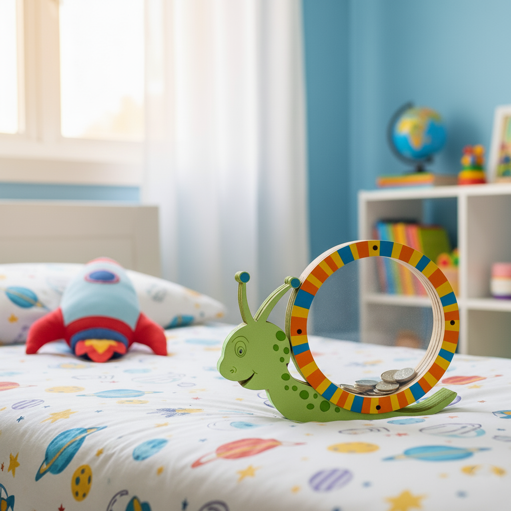 Green snail-shaped MDF coin bank with colorful ring design on table.