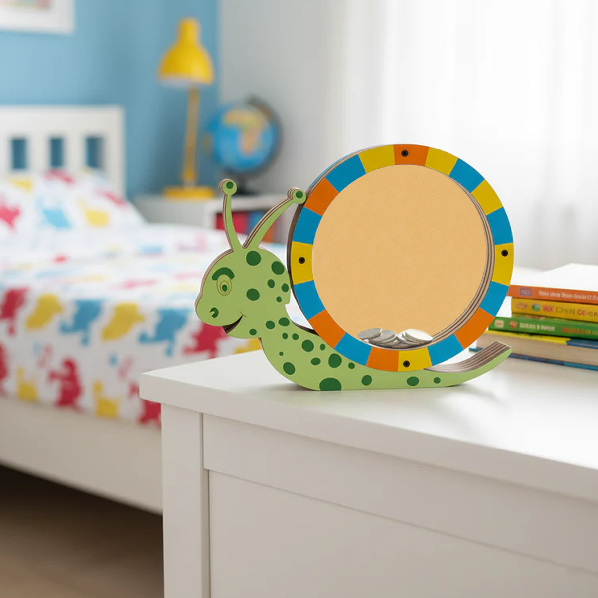 DIY MDF snail-shaped Money Bank on a dresser in a child's bedroom