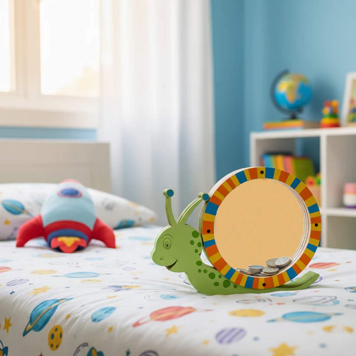 DIY MDF snail-shaped Money Bank on a child's bed with toys and a world map in the background