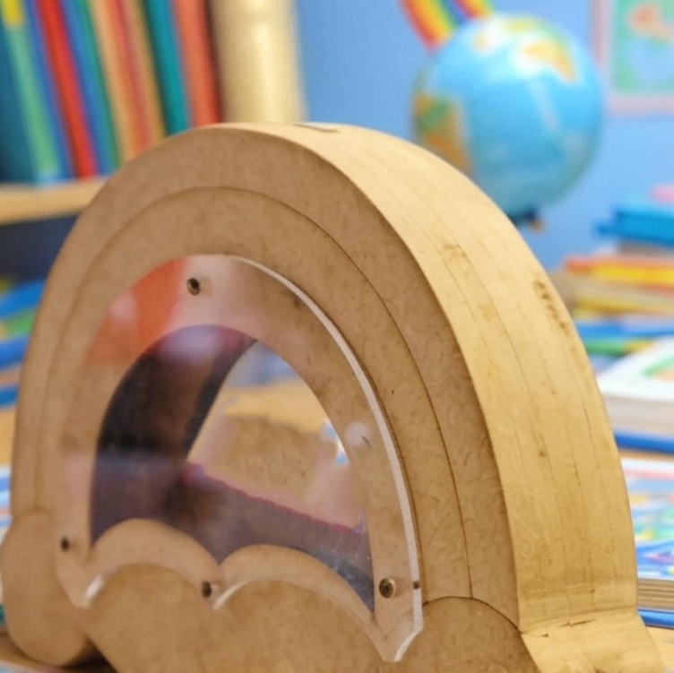 MDF rainbow-shaped piggy bank with transparent window, eco-friendly money saving box for kids and adults