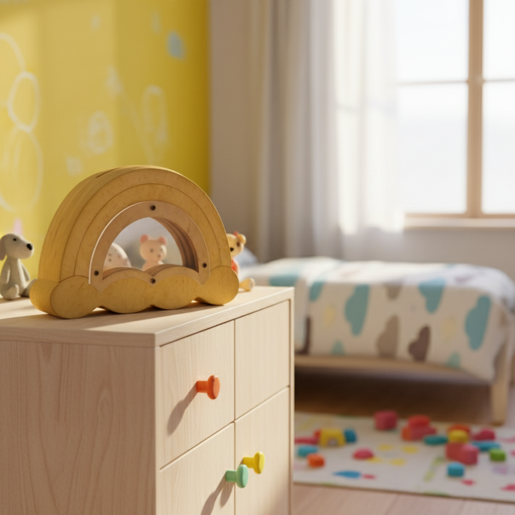 Plain rainbow coin bank placed on kids bed