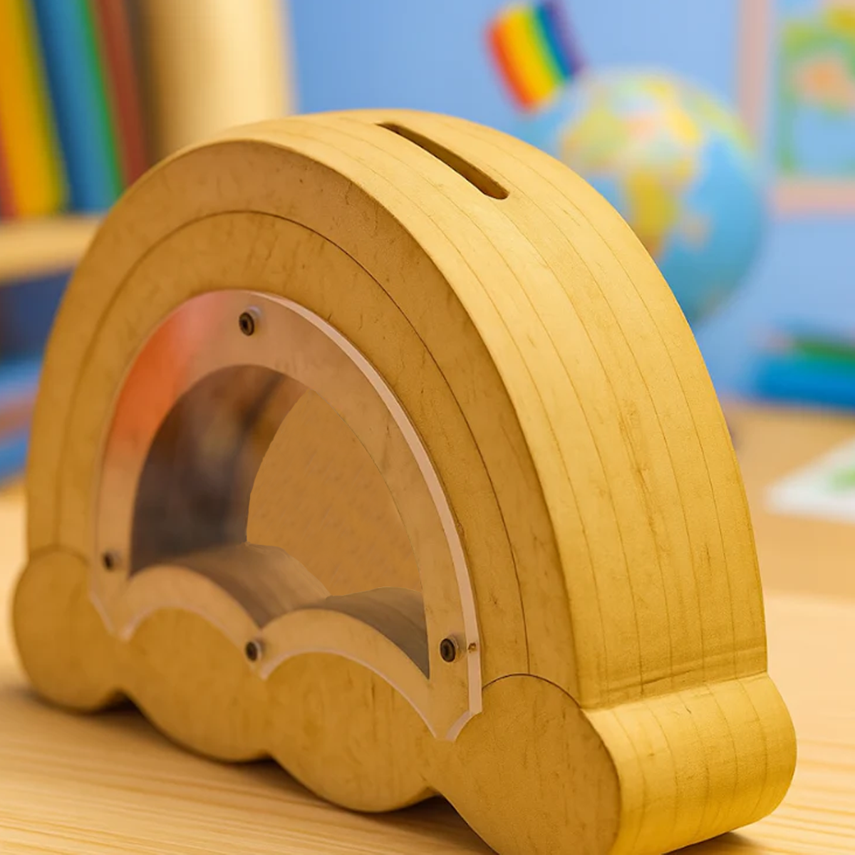 DIY MDF Rainbow shaped money bank with a rainbow inside, set against a colorful background.