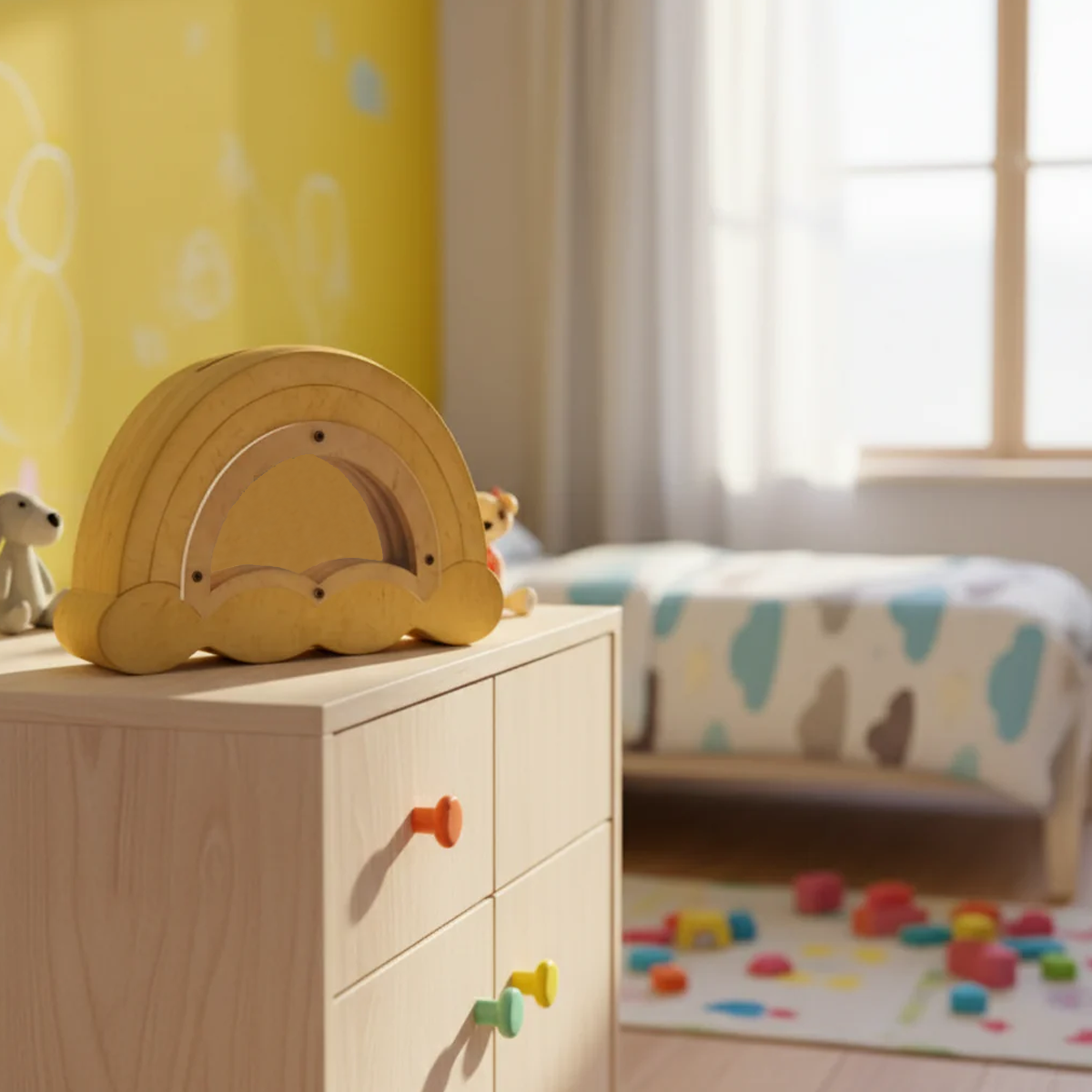 DIY MDF Rainbow shaped money bank  on a dresser in a child's room with colorful toys on the floor.