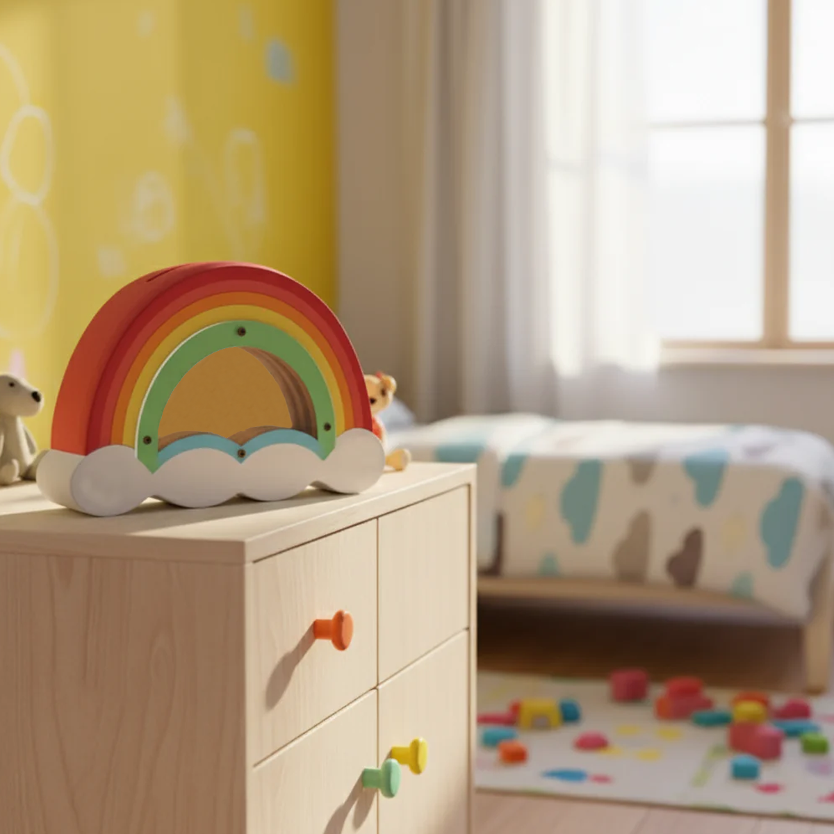 DIY MDF Rainbow shaped money bank on a wooden dresser in a child's room with a bed and rug in the background.