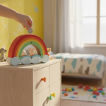 Colorful rainbow coin bank with clouds on drawer