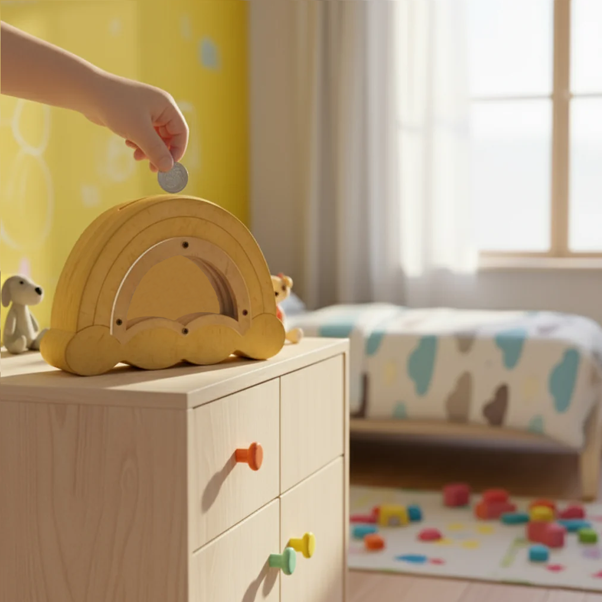 Child's hand placing a coin into a wooden rainbow-shaped piggy bank on a dresser in a child's room.