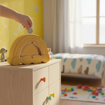 Child's hand placing a coin into a wooden rainbow-shaped piggy bank on a dresser in a child's room.