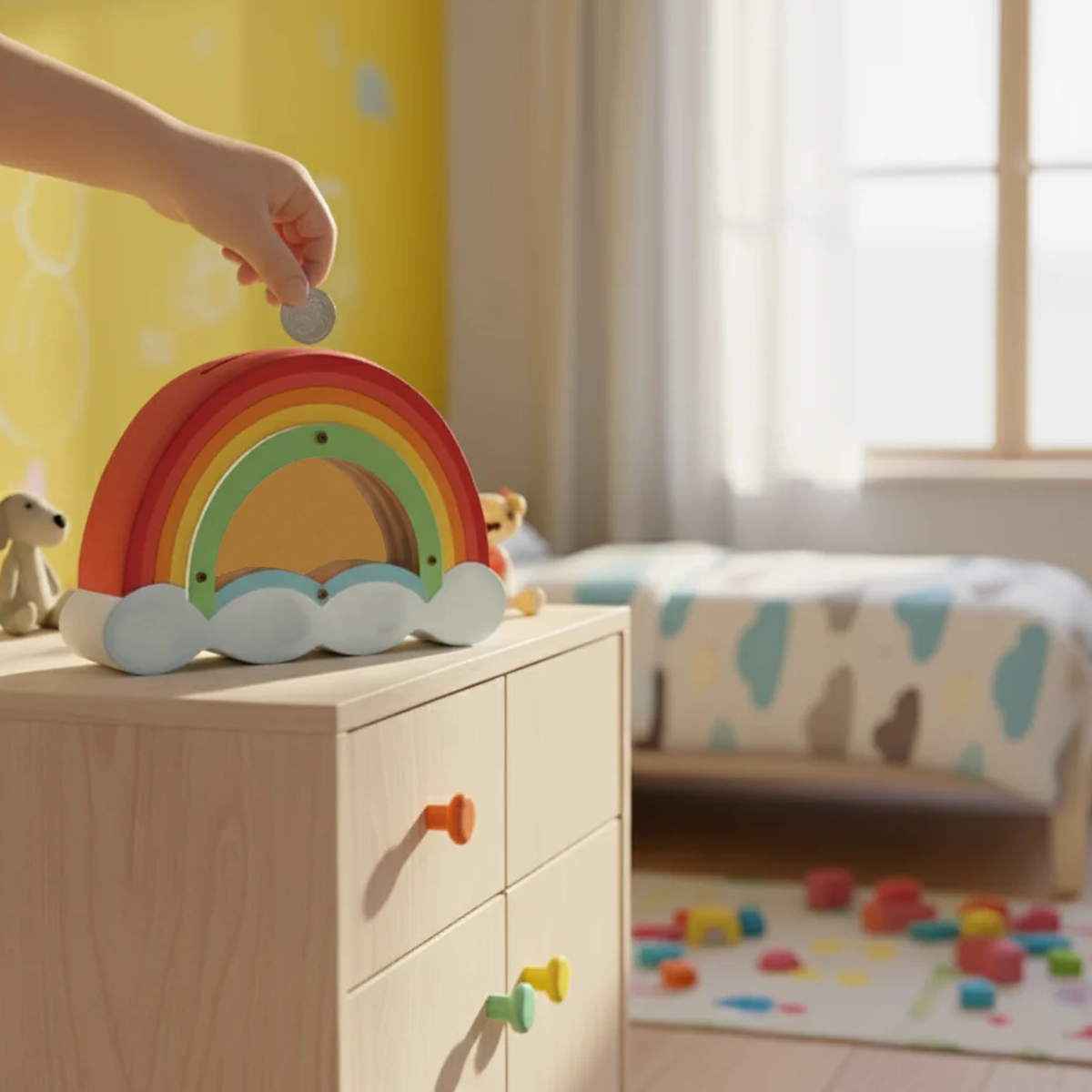Child's hand placing a coin into a painted MDF rainbow-shaped piggy bank on a dresser in a child-friendly room.
