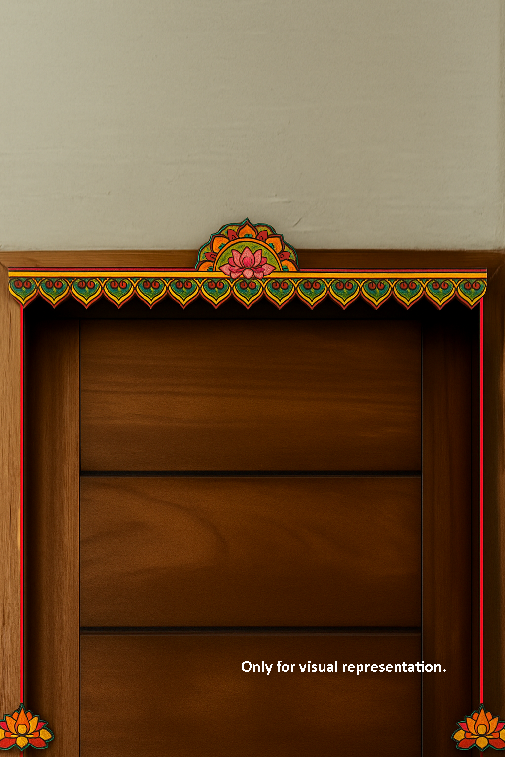 Colorfully painted lotus MDF toran with vibrant patterns and side hangings – visual representation on door.
