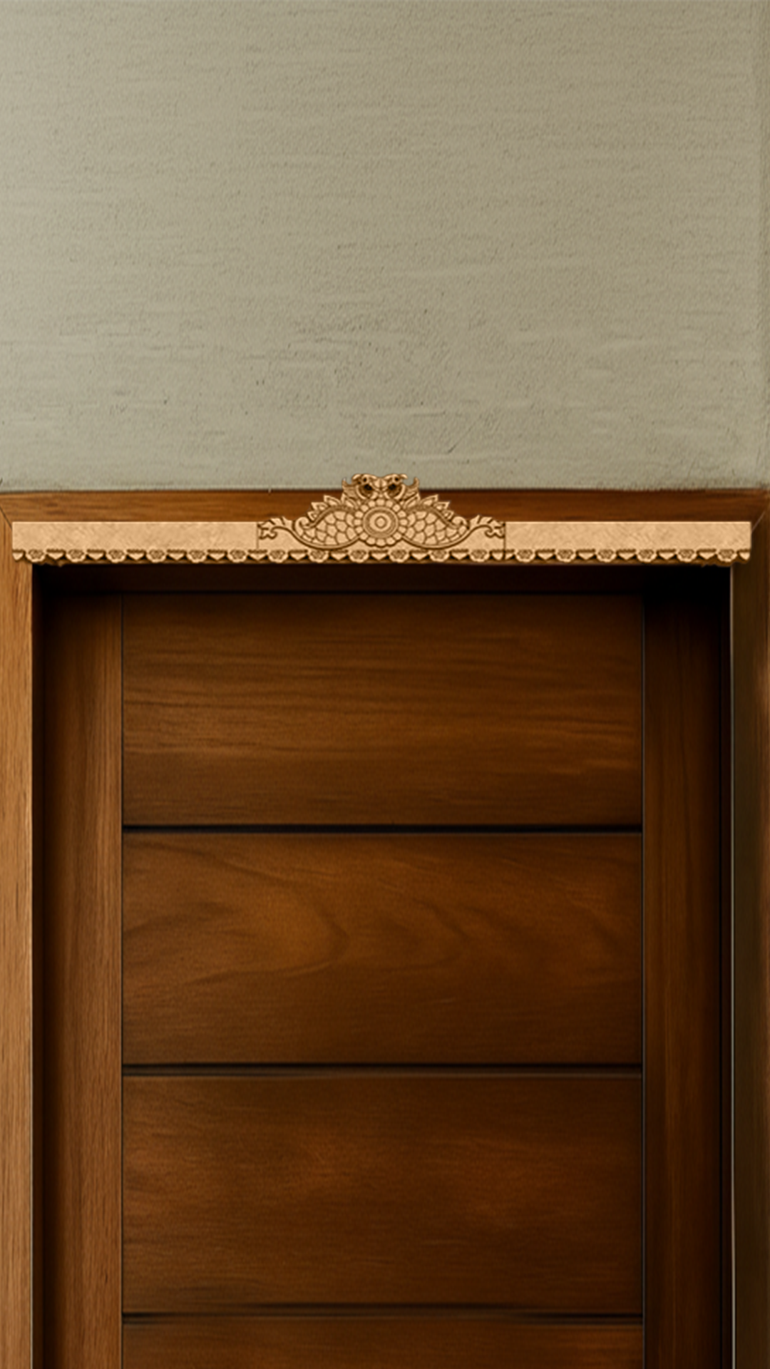 Intricately engraved MDF peacock toran with detailed borders – displayed on wooden door frame in natural finish