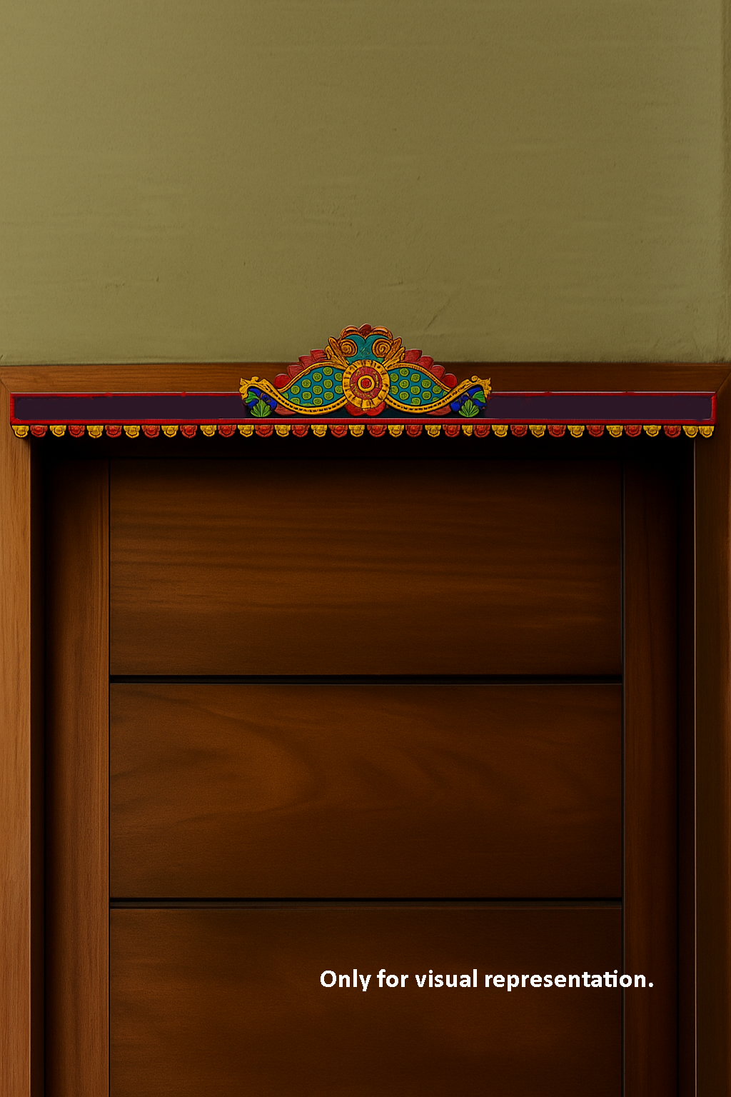 Vibrantly painted peacock motif MDF toran with colorful festive detailing – visual representation on door