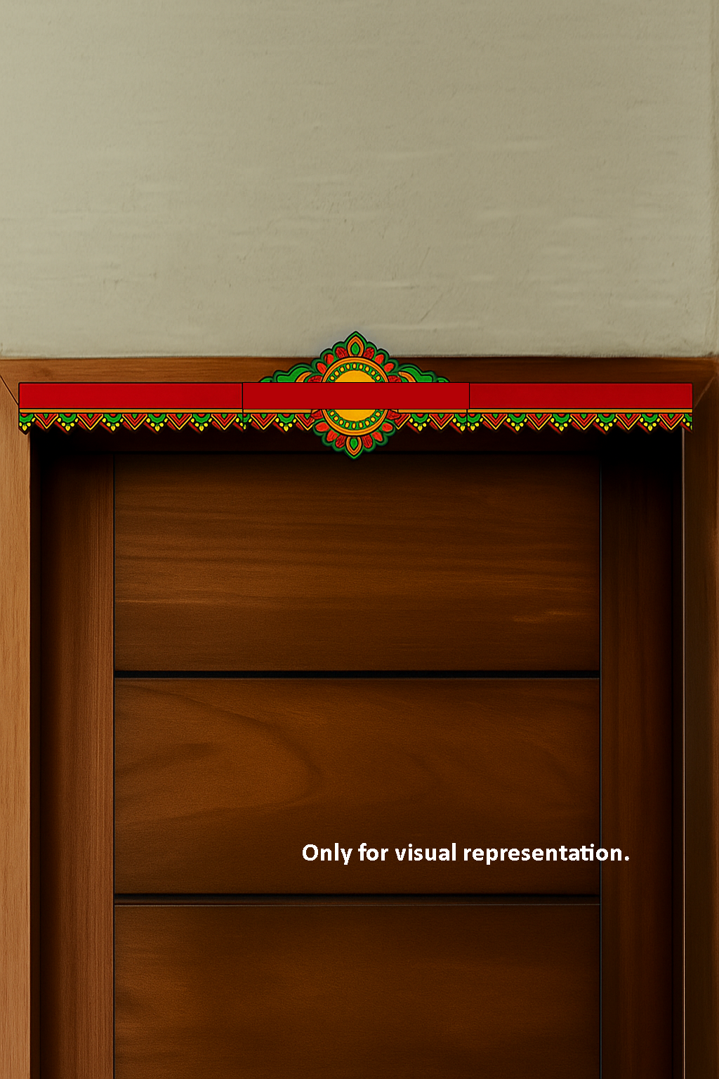 Vibrant mandala MDF toran painted in festive red, yellow, and green – visual representation for doorway décor.
