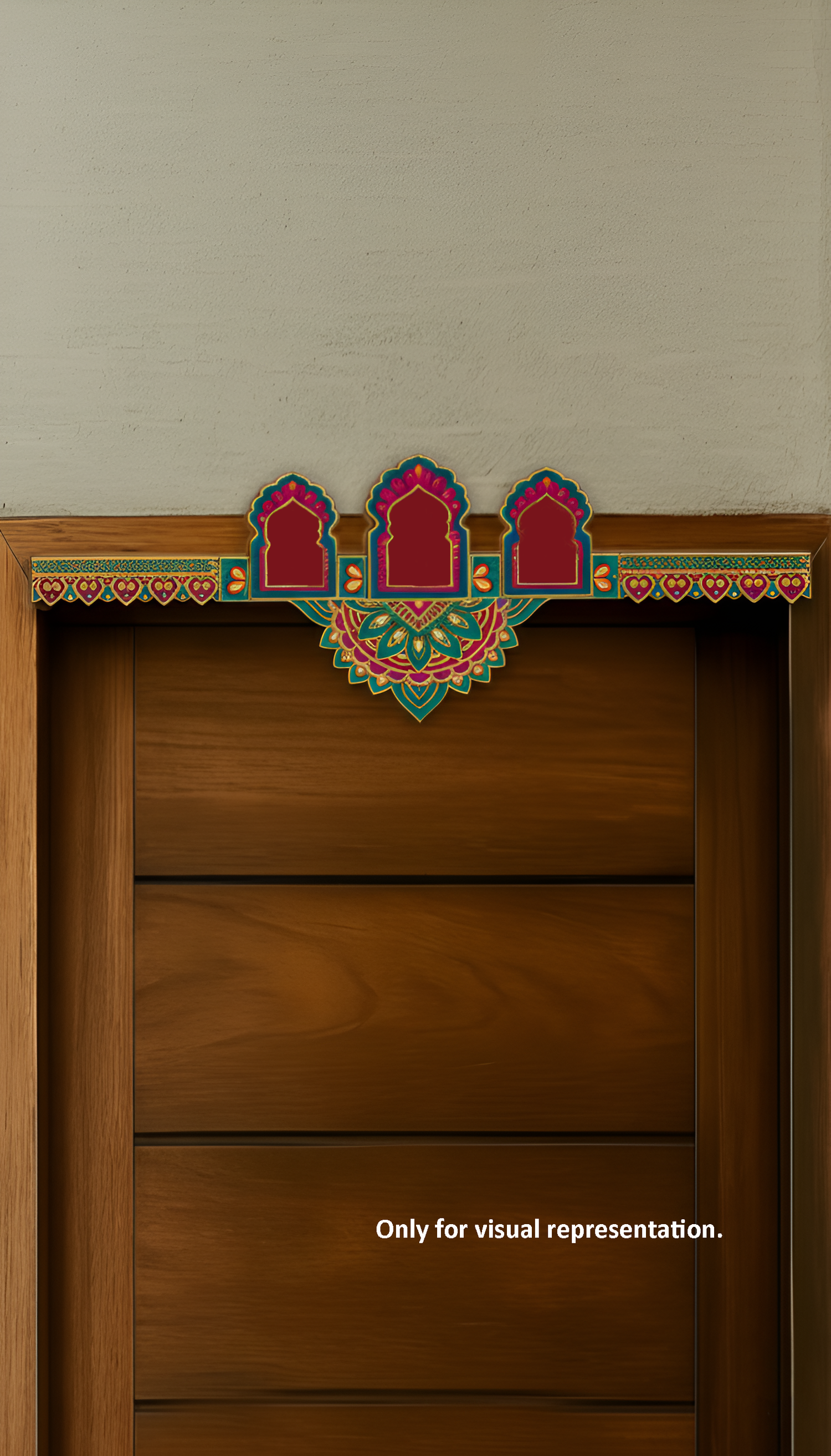 Brightly painted 3-arch MDF toran with colorful detailing and mandala centerpiece – visual representation for doorway décor.
