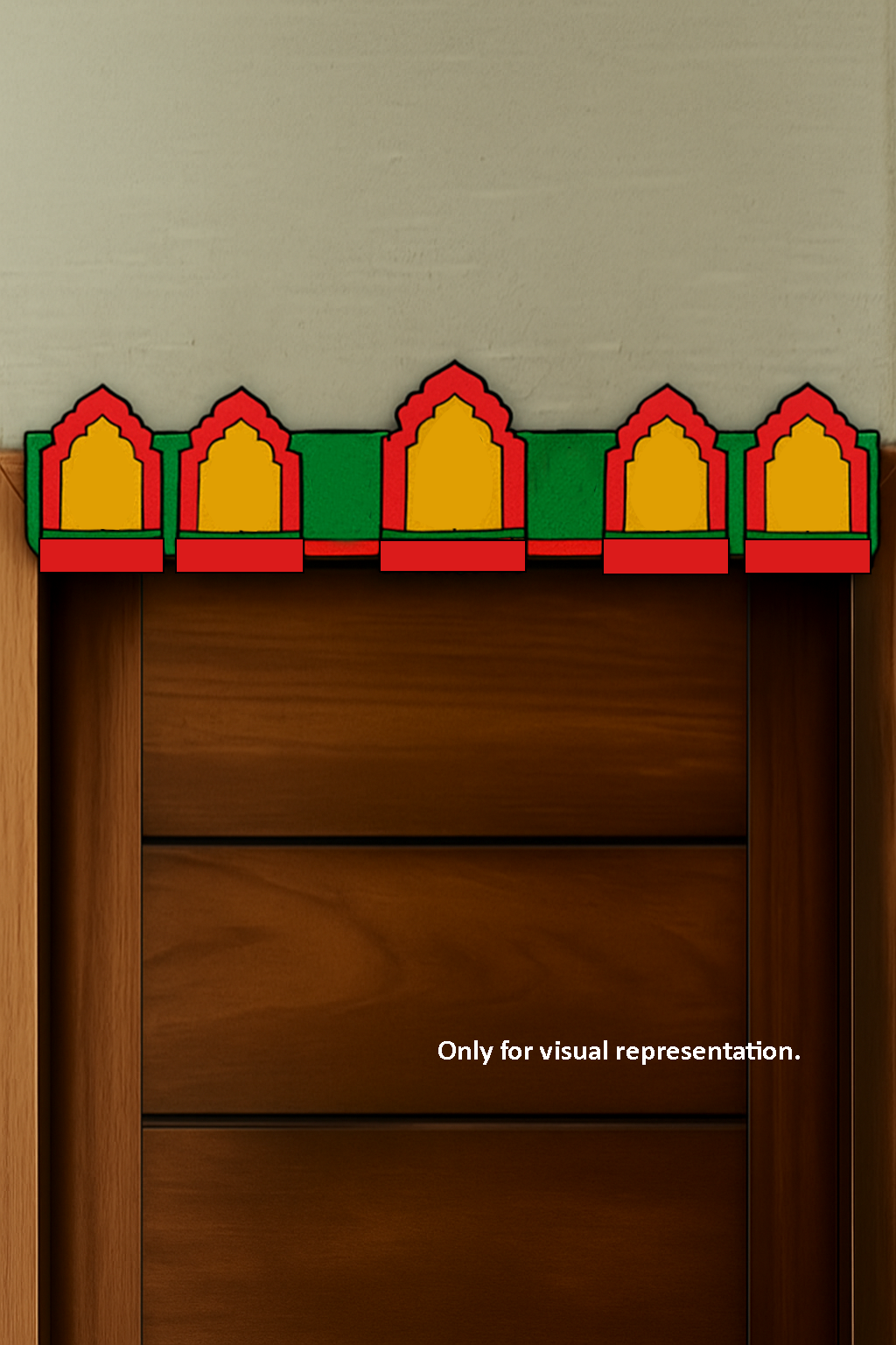 Colorful 5-arch MDF toran painted with vibrant red, yellow, and green for festive doorway decoration – visual representation.