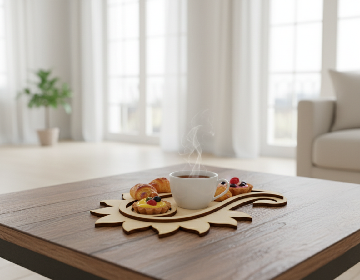 MDF paisley-shaped coaster on wooden table with tea and mini pastries in bright living room