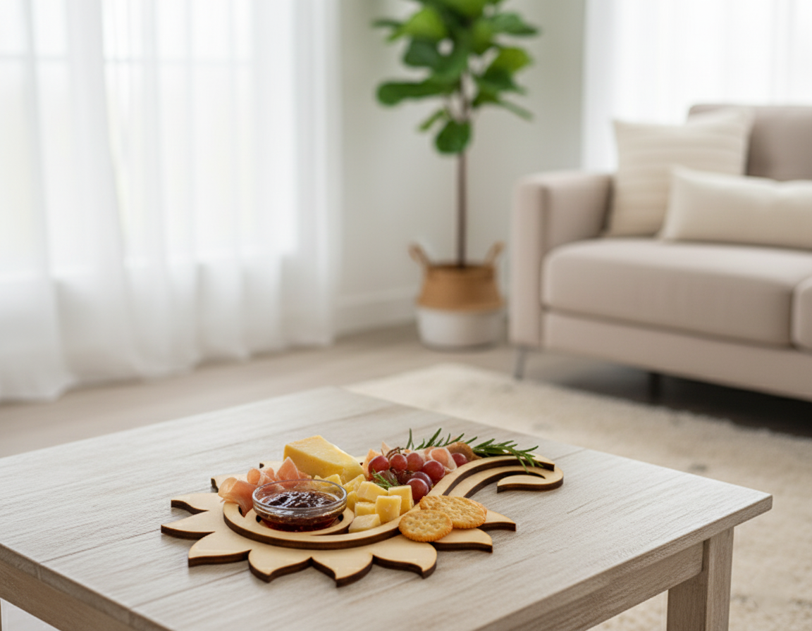 MDF paisley coaster holding cheese, grapes, crackers, and dip on light wooden coffee table