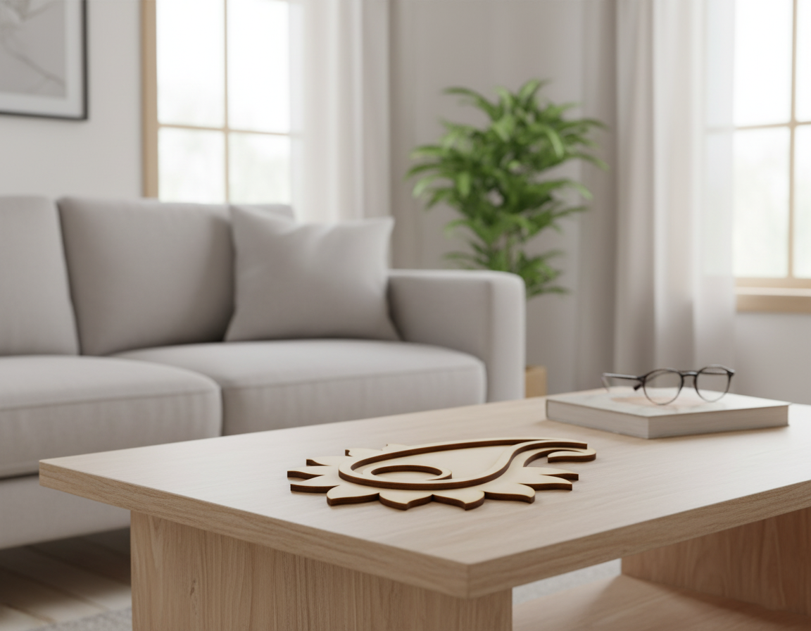 Minimal MDF paisley coaster centerpiece on wooden coffee table in modern living room.