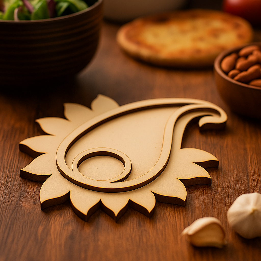 Close-up of MDF paisley coaster on wooden table with garlic and salad in background