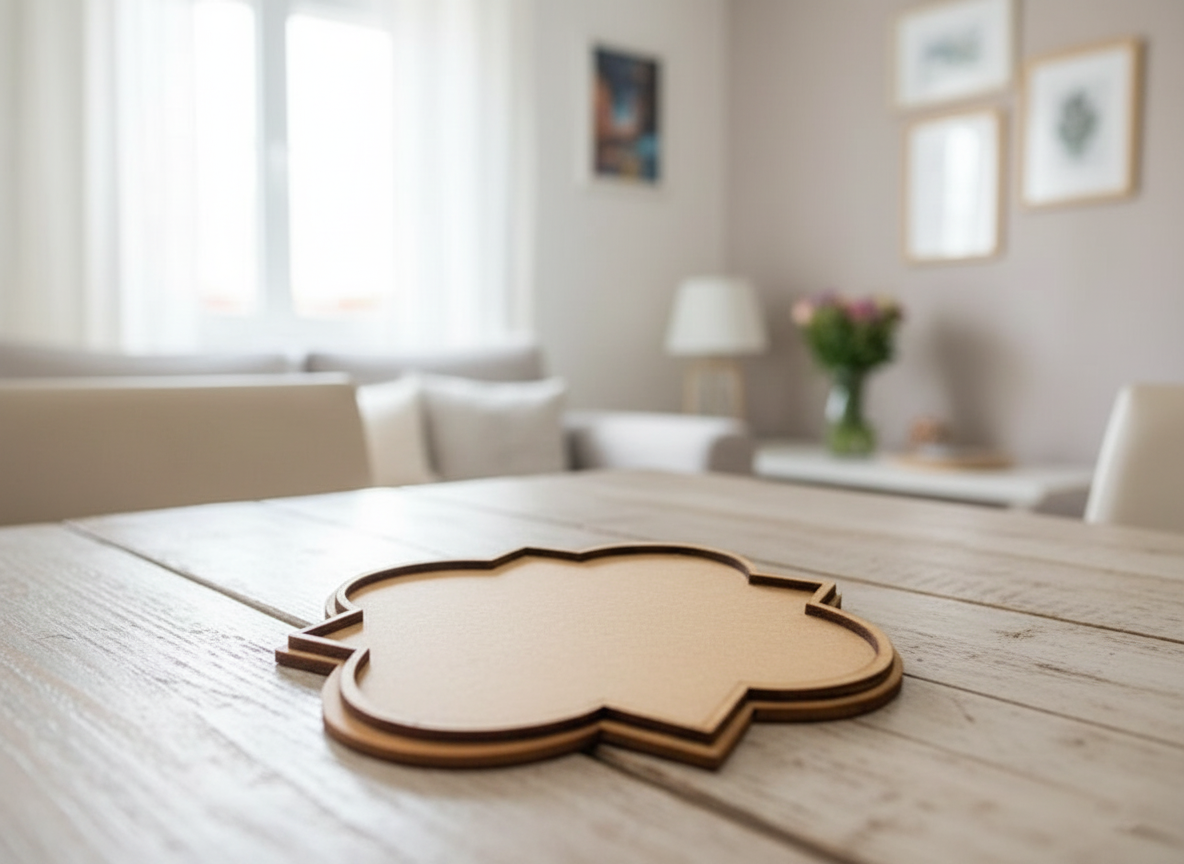 MDF quatrefoil-shaped coaster placed on rustic wooden dining table in cozy living room