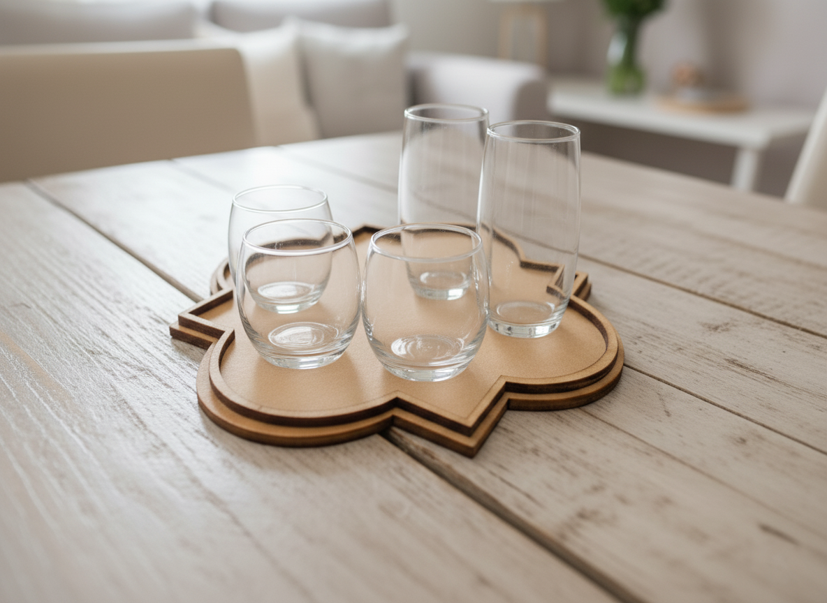 MDF quatrefoil coaster holding clear drinking glasses on wooden dining table.