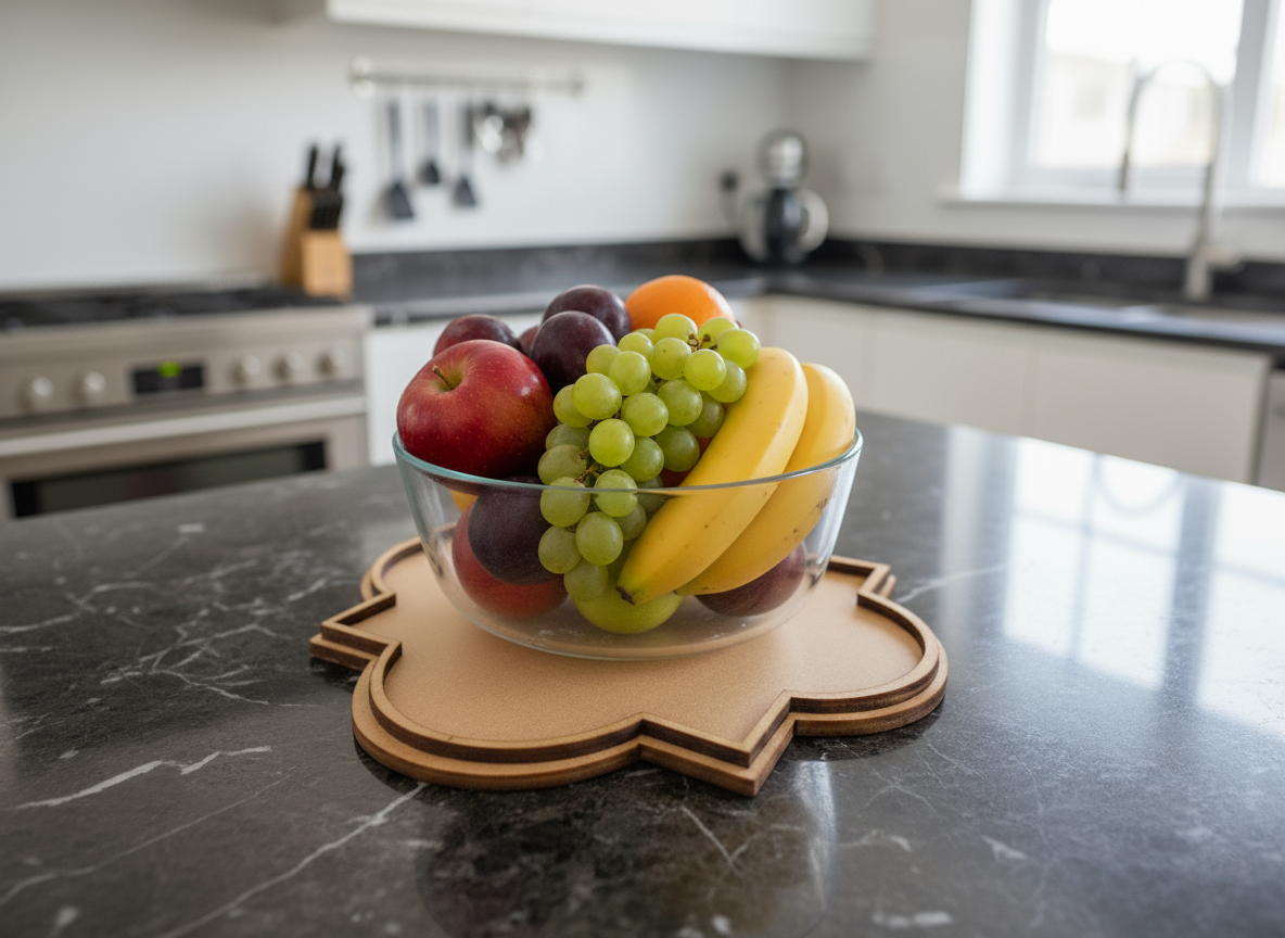 Glass bowl with assorted fresh fruits placed on MDF quatrefoil coaster in modern kitchen.