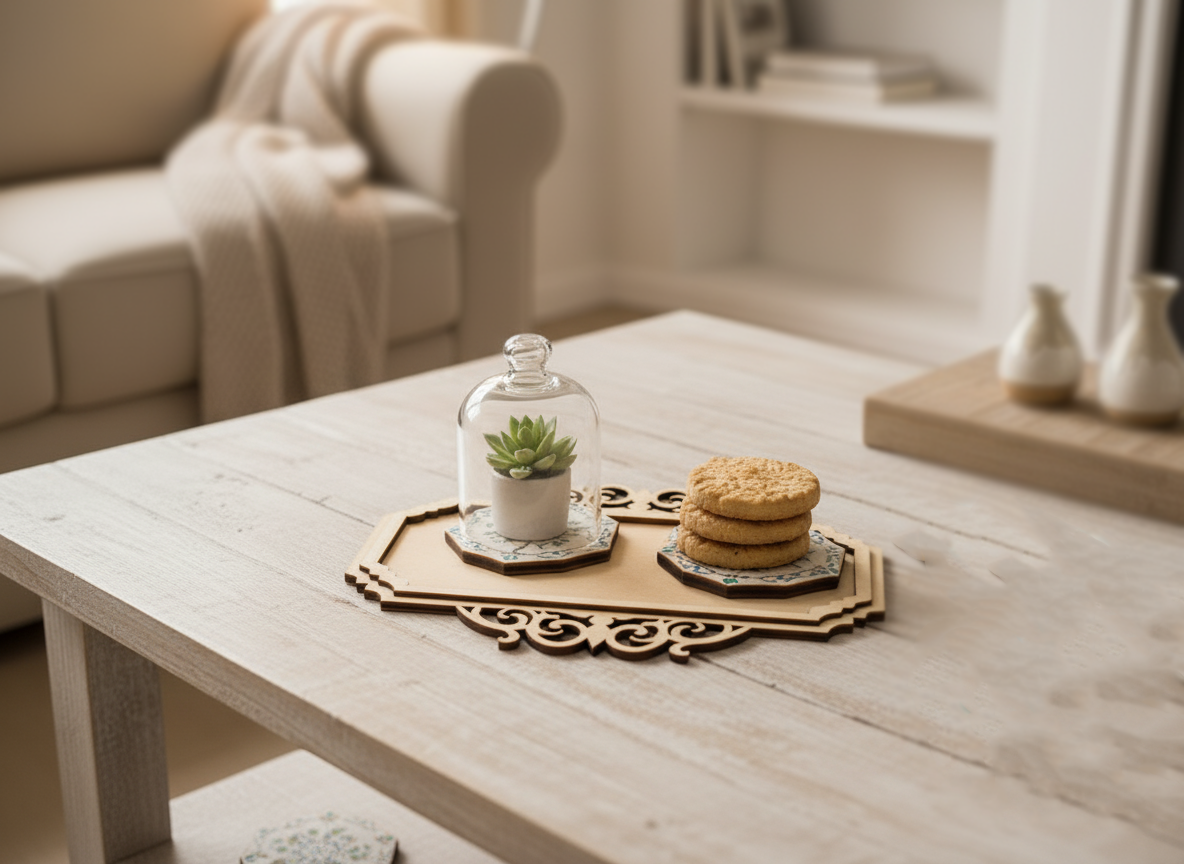 MDF decorative tray on wooden coffee table holding mini succulent under glass dome and stack of cookies