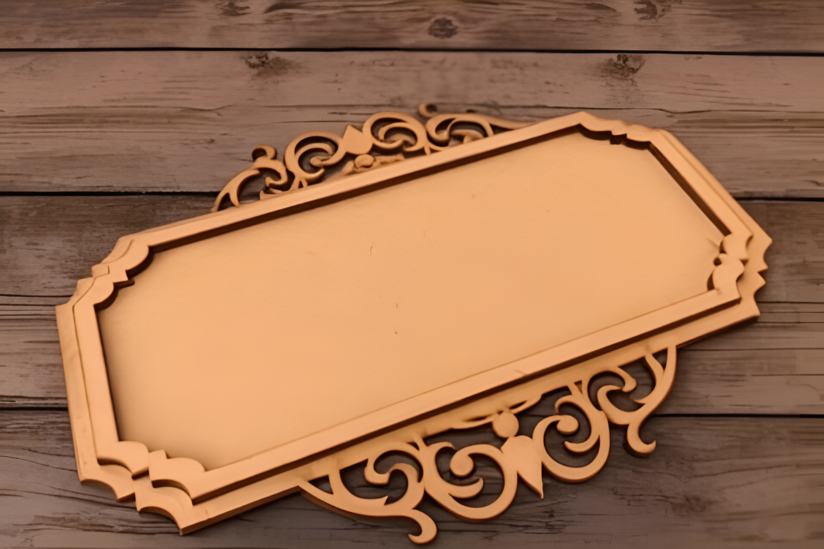 Elegant MDF platter with intricate border placed on rustic wooden table.