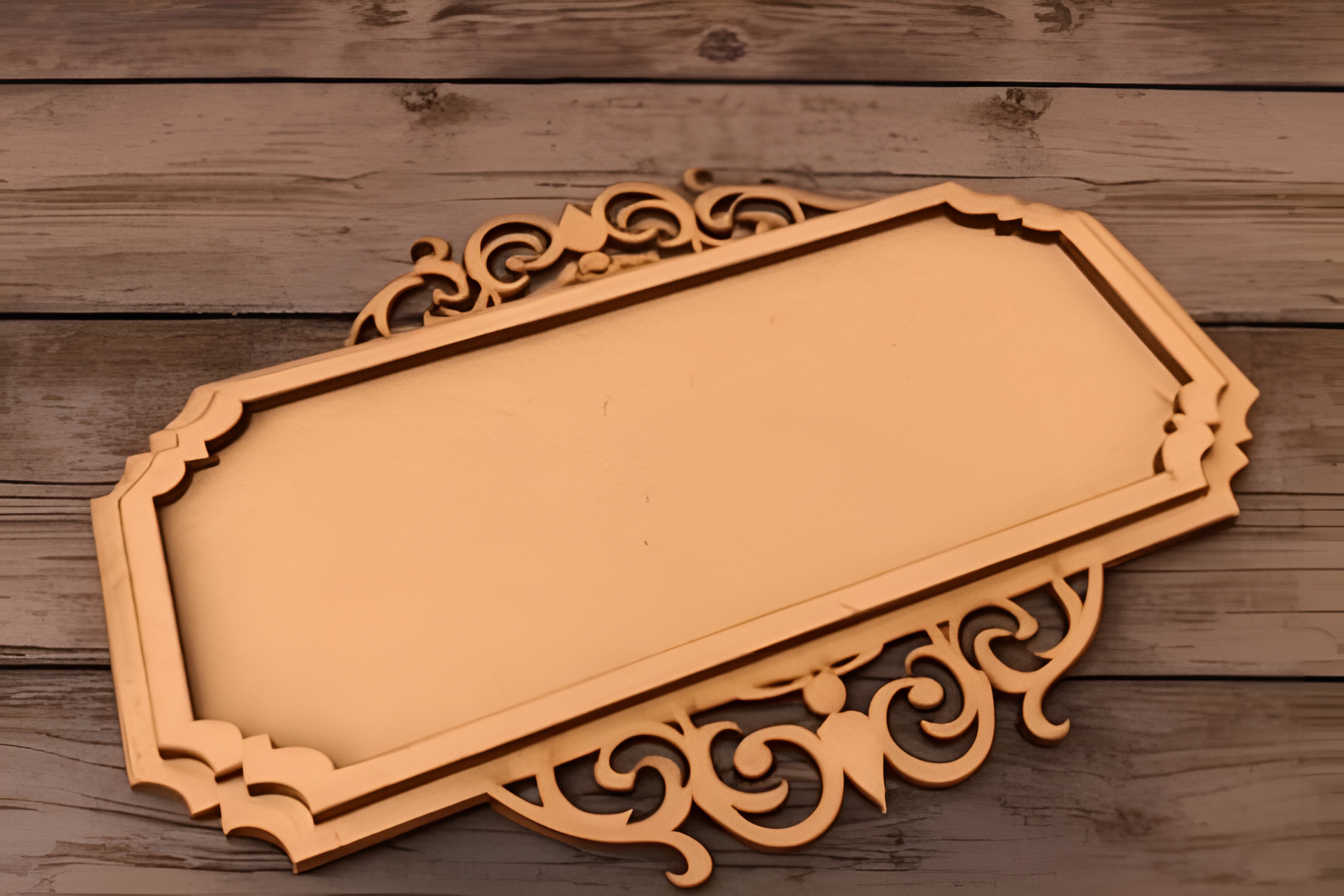Elegant MDF platter with intricate border placed on rustic wooden table.