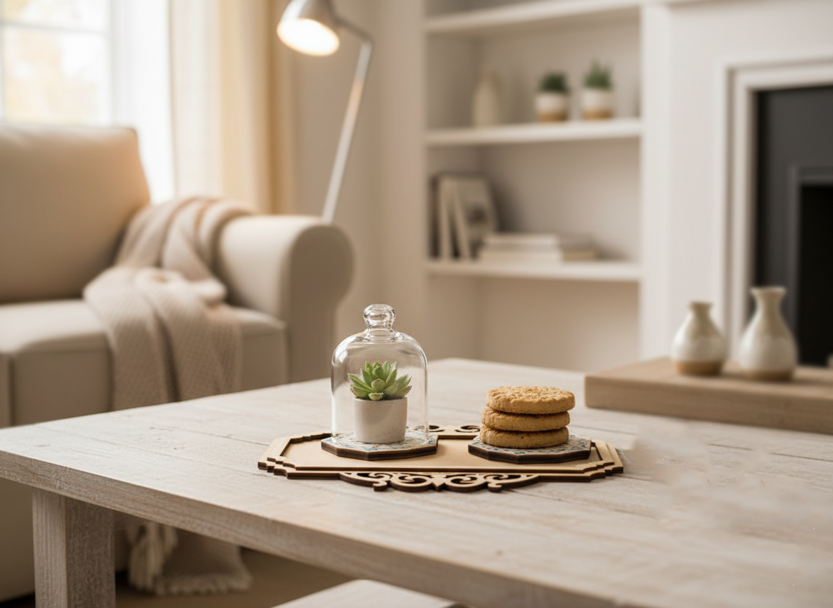 MDF tray with succulent décor and cookies placed on rustic coffee table in cozy living room
