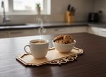 MDF serving tray with steaming coffee cup and bowl of chocolate chip cookies on kitchen counter