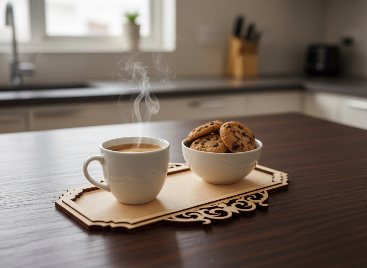 MDF serving tray with steaming coffee cup and bowl of chocolate chip cookies on kitchen counter