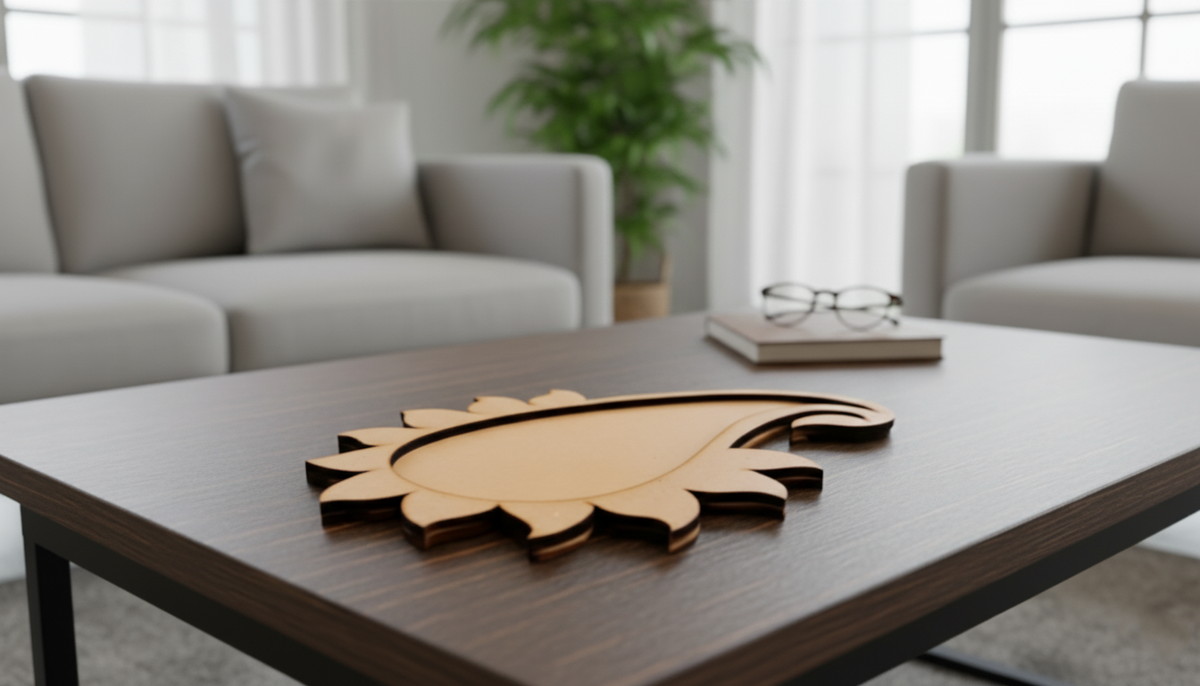 MDF paisley-shaped coaster centerpiece on dark wooden coffee table in modern living room