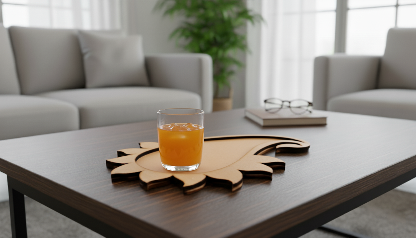 Glass of orange juice placed on MDF paisley coaster on coffee table.