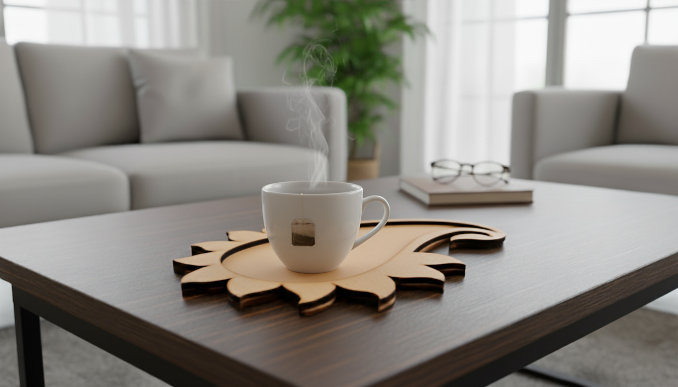 Steaming cup of tea resting on MDF paisley coaster on coffee table