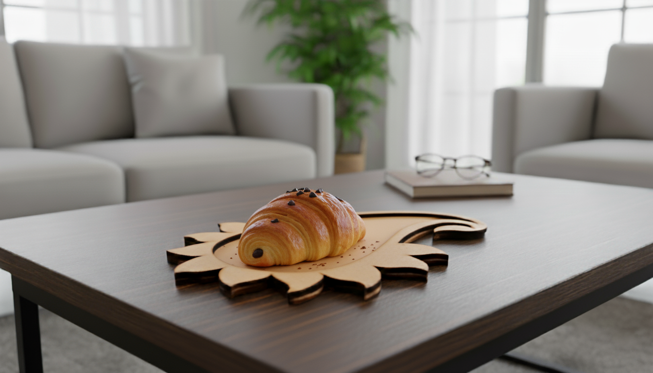 Chocolate croissant served on MDF paisley coaster on dark wooden coffee table
