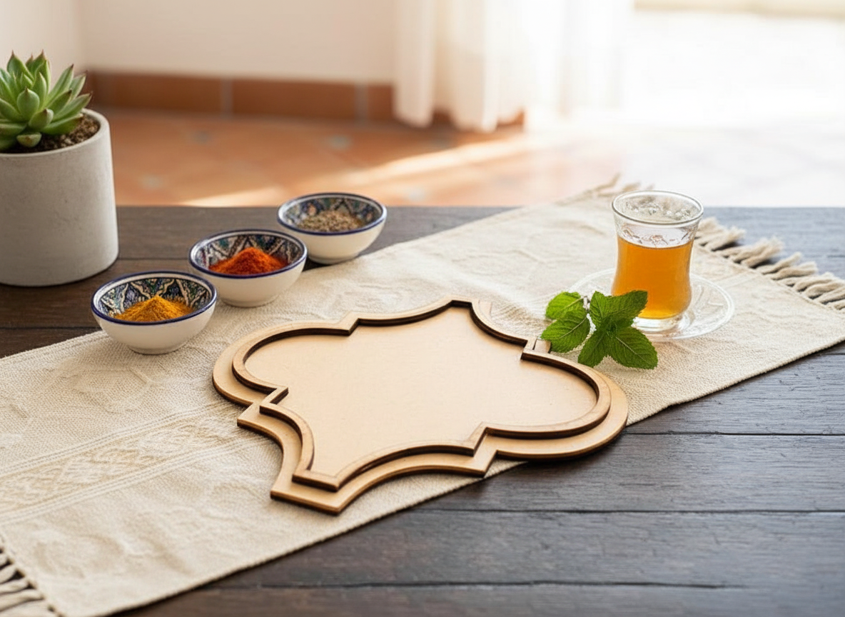 MDF quatrefoil tray with coffee mug, granola bowl, and autumn leaf on wooden table