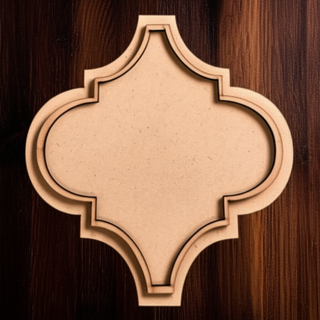 Moroccan MDF platter with symmetrical arabesque shape on dark background.