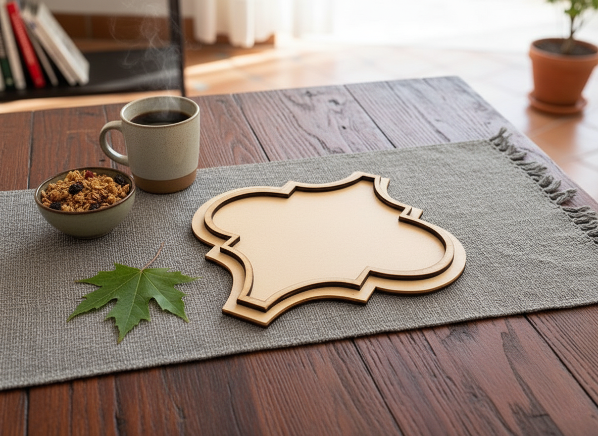 MDF quatrefoil tray serving puff pastries with mint tea in glass cup on rustic table