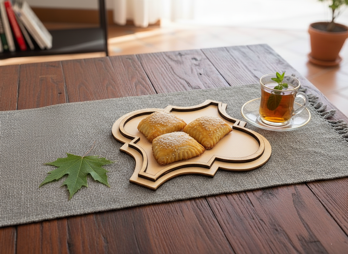 MDF quatrefoil tray serving puff pastries with mint tea in glass cup on rustic table