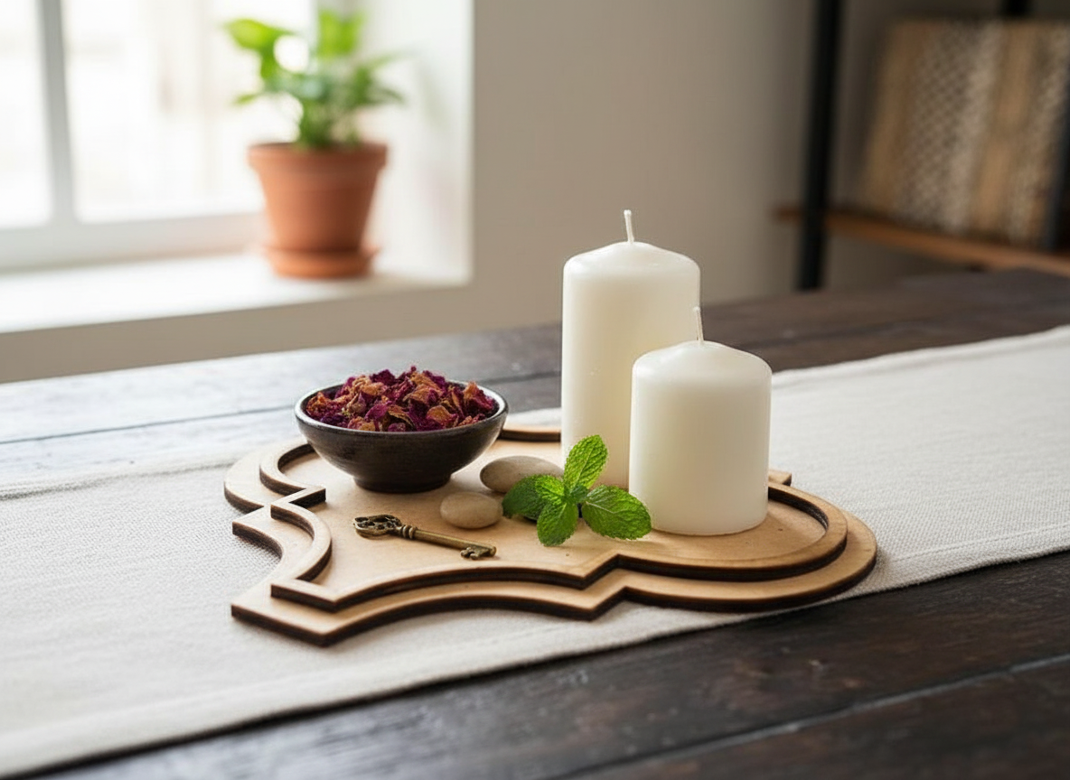 MDF quatrefoil tray styled with candles, dried flowers, stones, and key for home décor