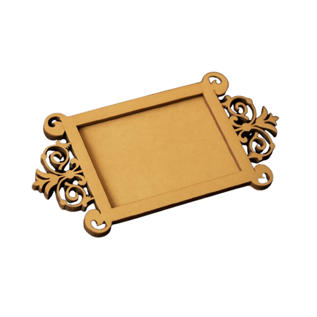 Decorative MDF platter with intricate carvings on a white background