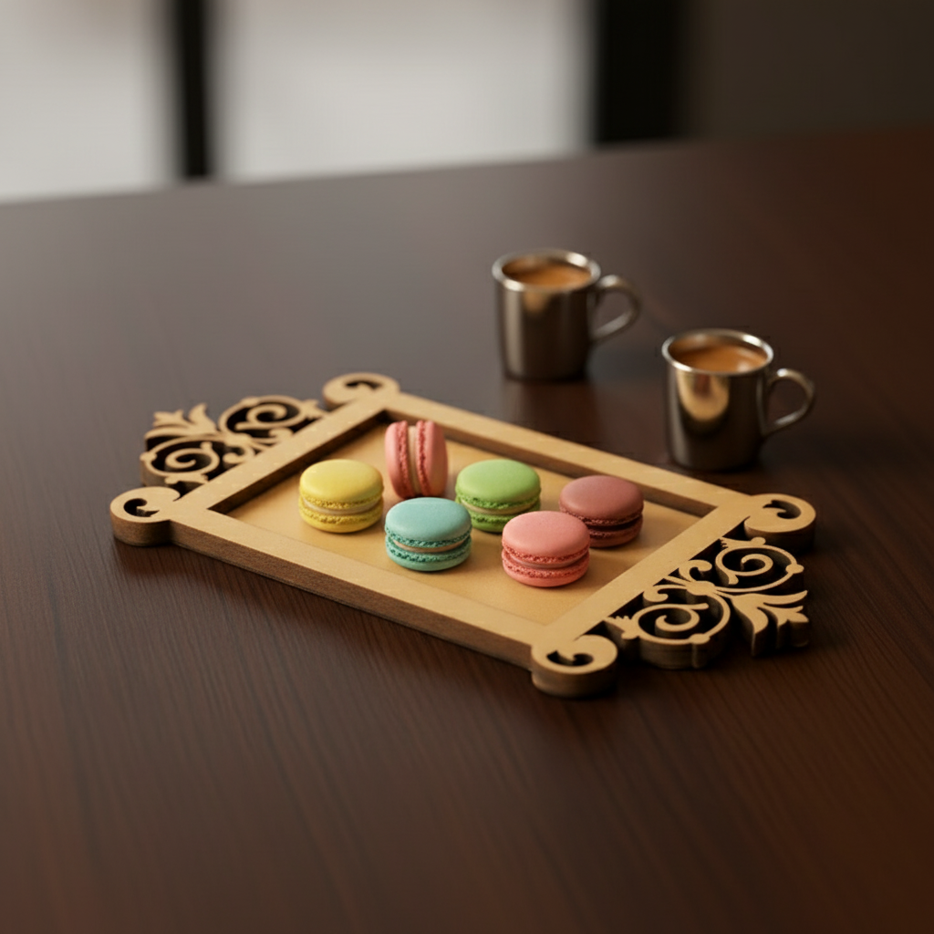MDF tray with assorted macarons and coffee cups.