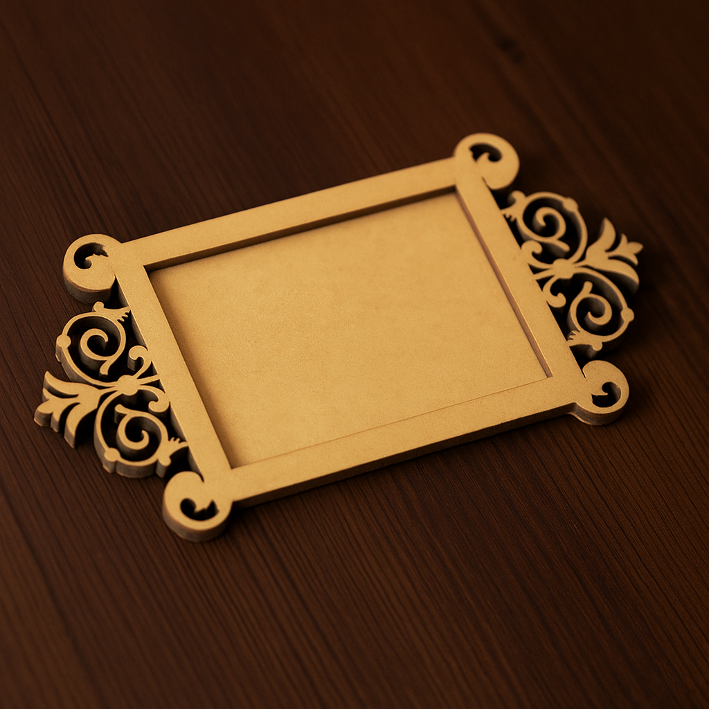 Rectangular MDF platter with ornate cutwork handles placed flat on wooden surface.