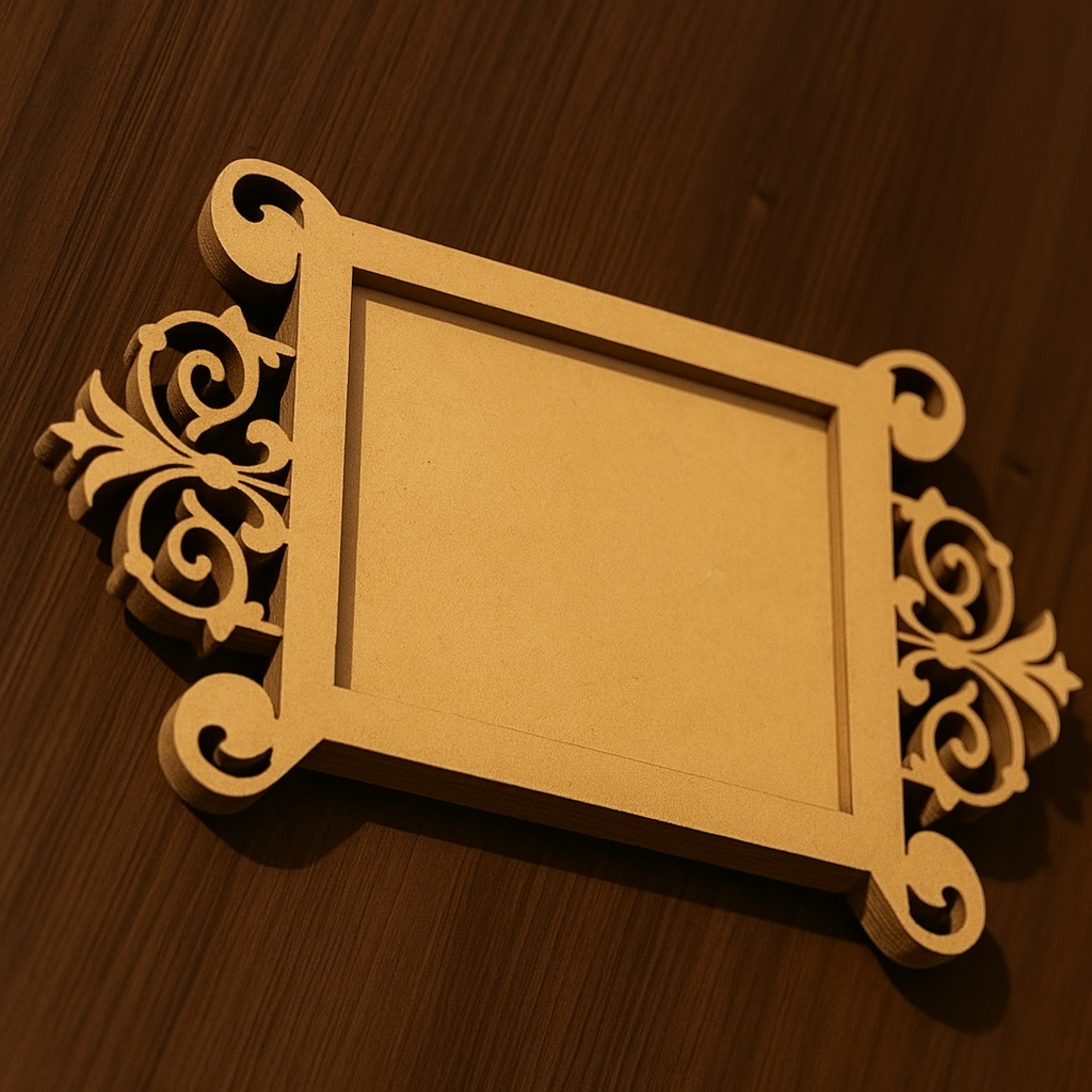 Side view of MDF platter with intricate scroll-cut handles highlighting depth and design.