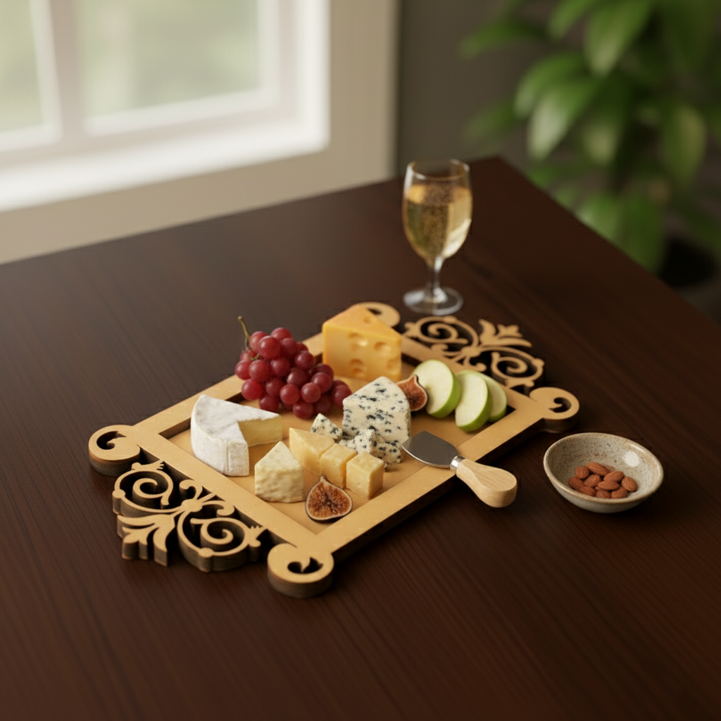 MDF tray with cheese, grapes, nuts, and wine