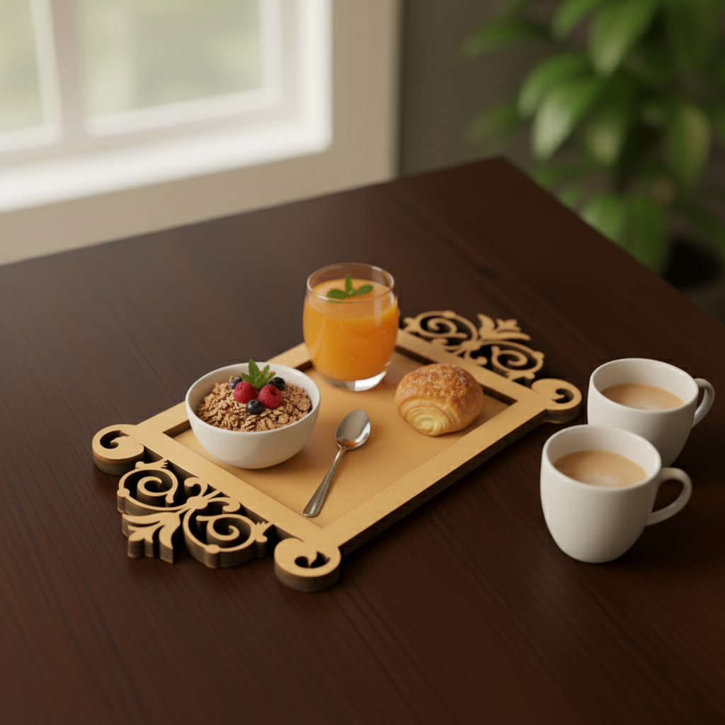 MDF tray with granola, juice, pastry, and coffee
