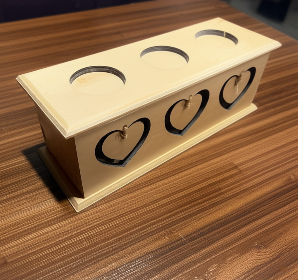 Rectangular MDF platter with three circular slots and heart-shaped cutouts on wooden surface.