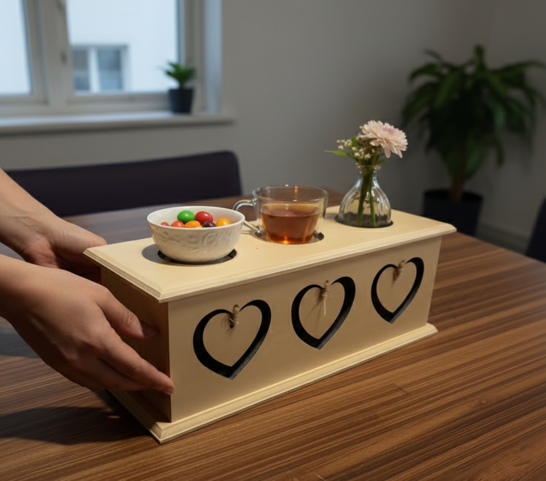 MDF platter with hearts, holding a flower, tea, and candy.