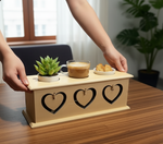MDF platter with hearts, holding a plant, coffee, and cookies.